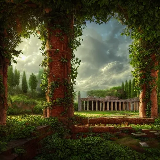 Image similar to beautiful highly detailed digital illustration of greek palace ruins in the forest. by Andreas Rocha, dramatic clouds, flowers and vines and creepers, establishing shot, cinematic, architecture, artstation HQ, HD, 8k resolution, featured in art magazine, amazing depth, octane render, unreal engine 5