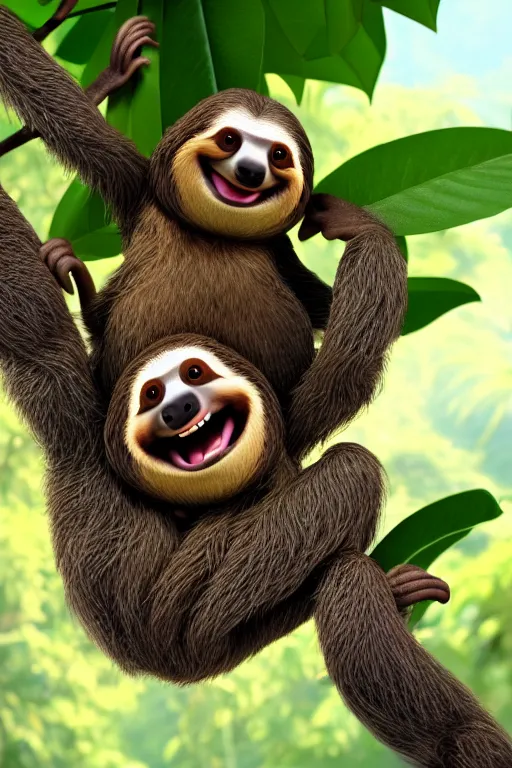 Image similar to happy sloth climbing a tree in a tropical forest holding one cup of coffee . Pixar Disney 4K 3d render funny animation movie Oscar winning trending on ArtStation and Behance. Ratatouille style.