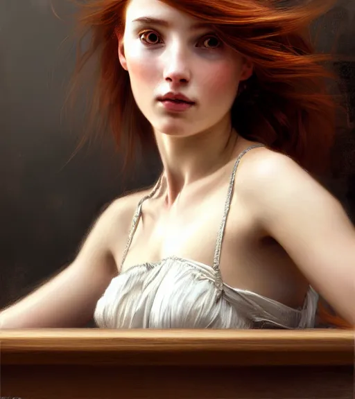 Prompt: portrait of a beautiful auburn - haired woman sitting upon a table with heightened detail, poised, intense emotion, detailed facial expression, detailed surroundings, intricate, elegant, highly detailed, centered, digital painting, artstation, concept art, smooth, sharp focus, illustration, by ( john william waterhouse ), wlop