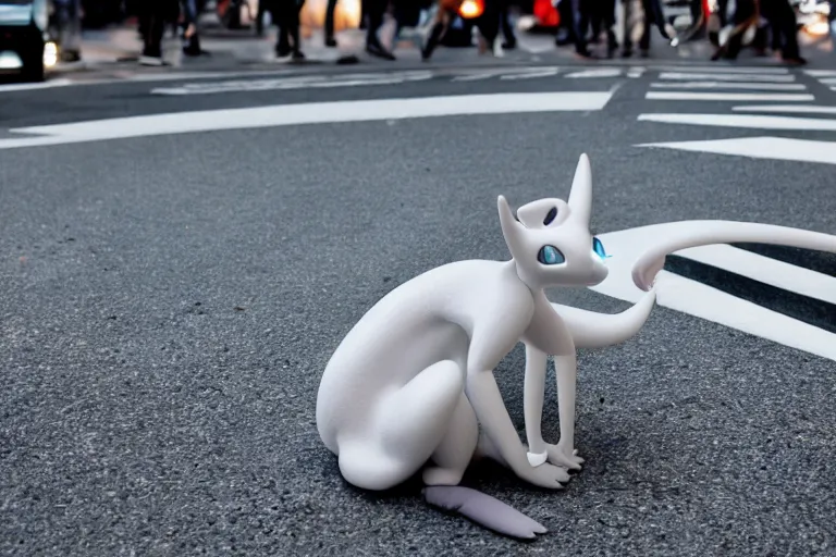 Image similar to closeup potrait of Mewtwo at a crosswalk in Tokyo, natural light, sharp, detailed face, magazine, press, photo, Steve McCurry, David Lazar, Canon, Nikon, focus