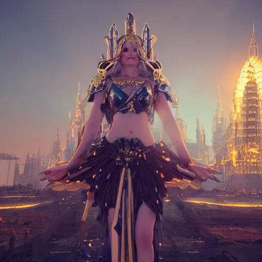 Image similar to beautifull goddess of thunder in golden armor, with incredible white and luminous temple behind the scene is in spiritual awaken, divine energy and power of spirit 4 k, 3 d, realistic, octane render cyberpunk color