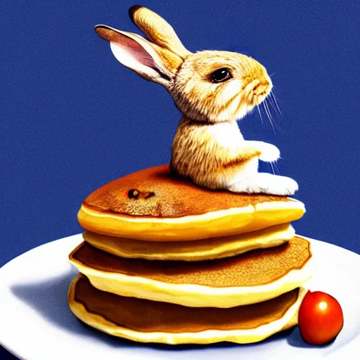Image similar to a photorealistic photo of a pancake on top of a rabbit\'s head