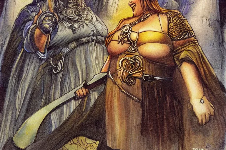 Prompt: chubby stocky and short dwarven noblewoman with an bold expression| lord of the rings | Terese Nielsen |