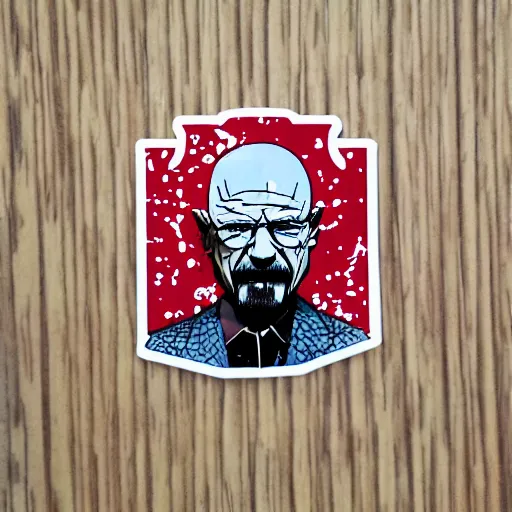 Image similar to die cut sticker, walter white laughing like the joker, splatter paint