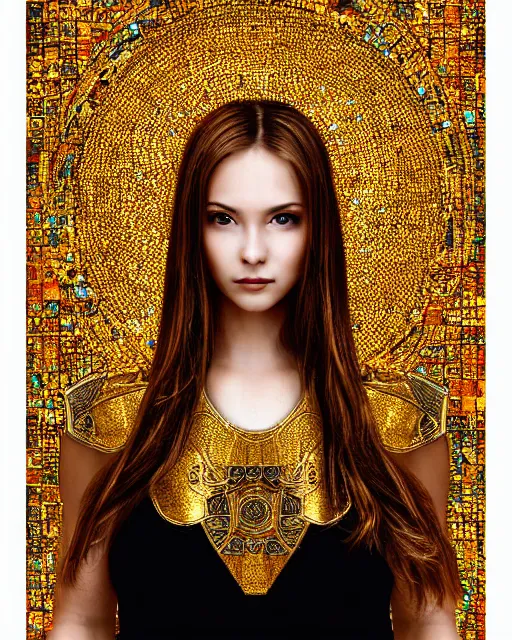 Image similar to mosaic portrait of woman in shining golden armor, high production value, intricate details, high resolution, hdr, high definition, masterpiece, realistic, ultrarealistic, highly detailed, hd, sharp focus, non blurry, sharp, smooth