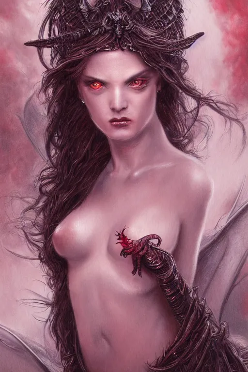 Prompt: realistic portrait of beautifully and detailed portrait of a sexy succubi with crystal like eyes, matte painting of cinematic movie scene red dragon, horror, created by gustave dore and greg rutkowski, high detailed, smooth draw, synthwave neon retro, intricate, realistic proportions, dramatic lighting, trending on artstation.