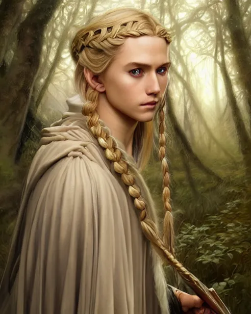Prompt: blonde braided hair young mage wearing a mystical heavy cloak and chemise wealding a dagger in the forest, fantasy forest animals, fantasy character portrait, ultra realistic, intricate, elegant, highly detailed, digital painting, artstaion, smooth, sharp, focus, illustration, art by artgerm and greg rutkowski and alphonse mucha