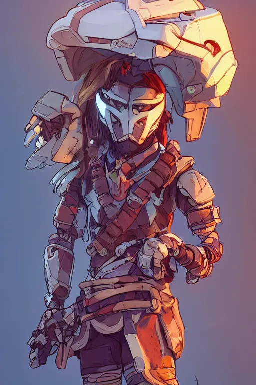 Prompt: combination suit armor aloy horizon forbidden west horizon zero dawn robot ninja mask helmet backpack tribal, gta 5 comics, official fanart behance hd artstation by jesper ejsing, by rhads, makoto shinkai and lois van baarle, ilya kuvshinov, ossdraws