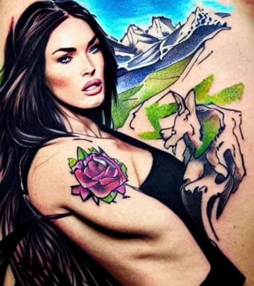 Image similar to double exposure tattoo design sketch of megan fox with beautiful mountain scenery, realism tattoo, in the style of den yakovelev, amazing detail, sharp