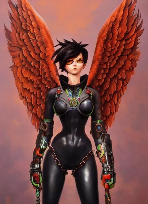 Image similar to full body artwork of tracer overwatch wearing leather collar in style of zdzisław beksinski, angel wings, dramatic painting, symmetrical composition, wearing detailed leather collar, black shiny armor, chains, black harness, detailed face and eyes,