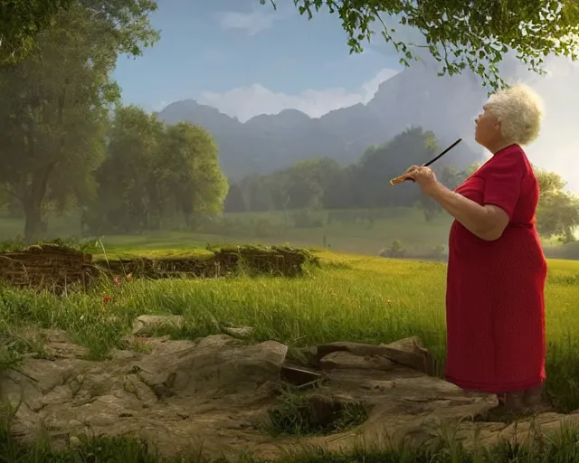 Image similar to of a very beautiful scene. ambient occlusion render. a sweet fat old woman is painting a pastoral landscape on the wall. hyper realistic. 4 k. wide angle. wild. symmetrical face, red mouth, blue eyes. deep focus, lovely scene. ambient occlusion render. concept art. unreal engine.