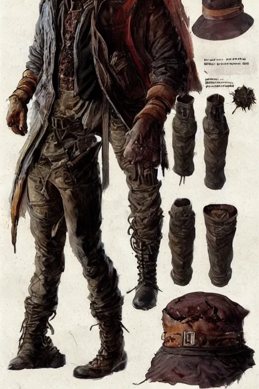 Prompt: character design, reference sheet, 40's adventurer, stained dirty clothing, straw hat, heavy boots, leather bomber jacket, realistic, hyperdetailed, concept art, , art by Frank Frazetta