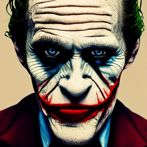 Image similar to willem dafoe as the joker, movie poster, superrealism, quality, post - production, image depth, focus, fine details, skin pores, makeup, gloomy, mysterious, hazy, 8 k