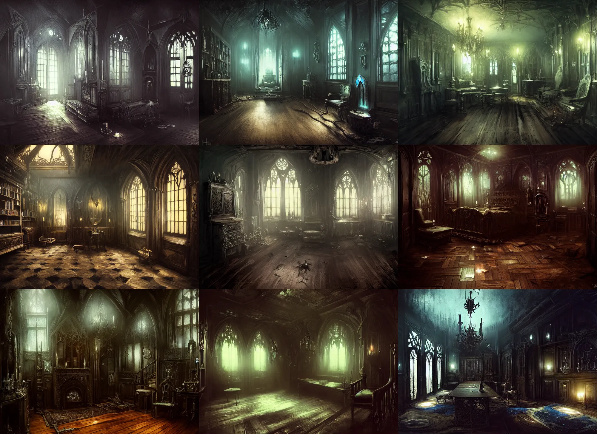 Prompt: gothic mansion room, wooden floor, darkness, evil, hard atmosphere, lovercraft, insmouth, tentacles, artwork, paint, blue tones, detailed, by bastien lecouffe deharme, by jeremy mann, by alexander fedosav
