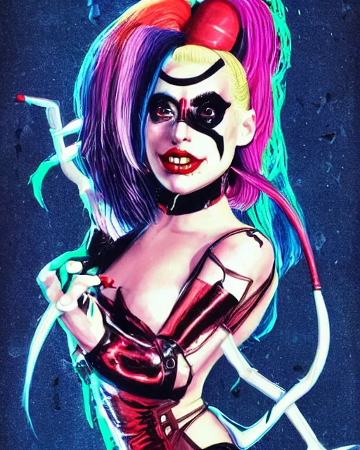 Prompt: lady gaga as harley quinn, grotesque, horror, high details, bright colors, striking, intricate details, by vincent di fate, artgerm julie bell beeple, 1 9 8 0 s, inking, vintage 8 0 s print, screen print