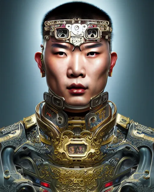 Image similar to portrait of a chinese masculine male cyberpunk machine, machine face, upper half portrait, decorated with chinese opera motifs, muscular, asian, fine china, wuxia, traditional chinese art intricate intense elegant 京 剧 highly detailed digital painting artstation concept art smooth sharp focus illustration, art by artgerm and greg rutkowski alphonse mucha 8 k