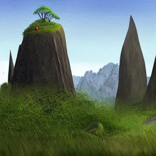 Prompt: a landscape of extremely high and pointy rocks with small green vegetation, concept art