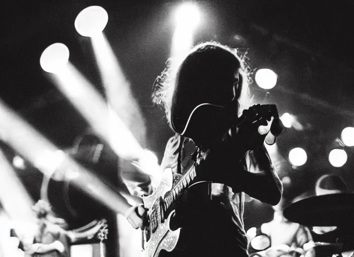 Image similar to a 2 8 mm macro photo from the back of a guitarist in the spotlight on stage at a festival in silhouette in the 1 9 6 0 s, bokeh, canon 5 0 mm, cinematic lighting, dramatic, film, photography, golden hour, depth of field, award - winning, 3 5 mm film grain