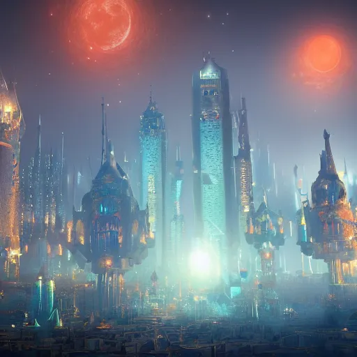 Image similar to fantasy city with many towers under a moonlit, starry sky, concept art, trending on art station, orange and teal color, cgsociety, octane render