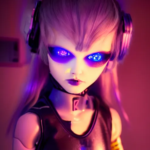 Prompt: blue cyber porcelain doll with led eyes. standing in middle of dark hallway. volumetric light on back. broken neon lighting. cyberpunk. high details, photorealistic, artstation trending. dark mood. anime, akira.