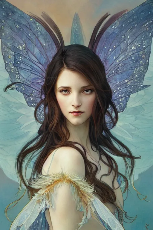 Prompt: portrait of a beautiful fairy with wings, headshot, symmetrical, elegant, regal, intricate, twilight background, highly detailed, digital painting, artstation, sharp focus, watercolor, muted color, complementary colors, art by artgerm, greg rutkowski and alphonse mucha