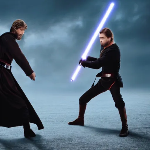 Image similar to dramatic still image of obiwan dueling anakin