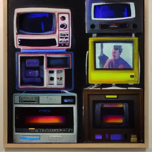 Image similar to array of crt televisions made out of fur, tv static, antenna, stacked, polaroid, steroids, adult video store, impressionist painting, painting, acrylic painting, cell shaded