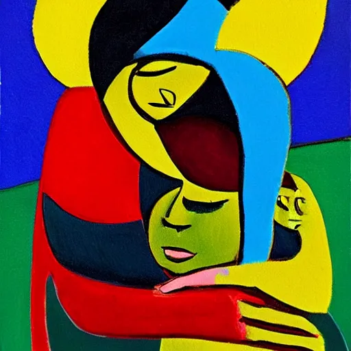 Prompt: woman hugs a child in the moonlight to protect him from the storm, high quality art in the style of cubism and georgia o’keefe,