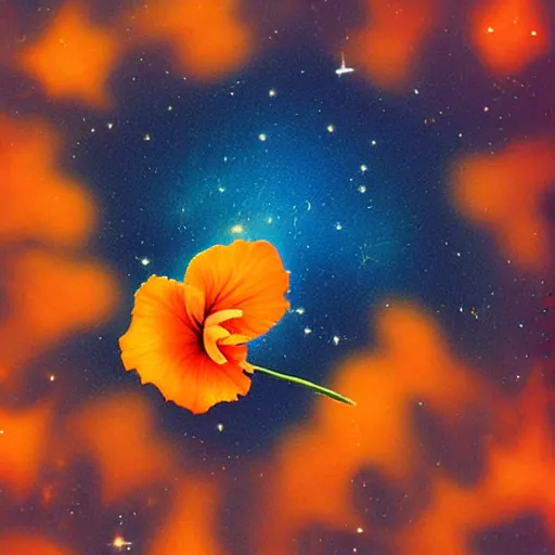 Prompt: a small hibiscus flower with detailed orange pedals, floating in space, wide perspective, hubble photo, olympus xa camera, 3 5 mm film, beautiful, galaxies