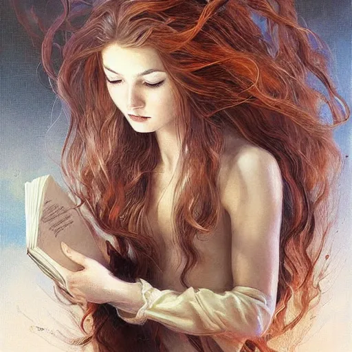 Image similar to a girl reading a book, her hair flowing down, by karol bak, ayami kojima, artgerm, smile, concept art, fantasy