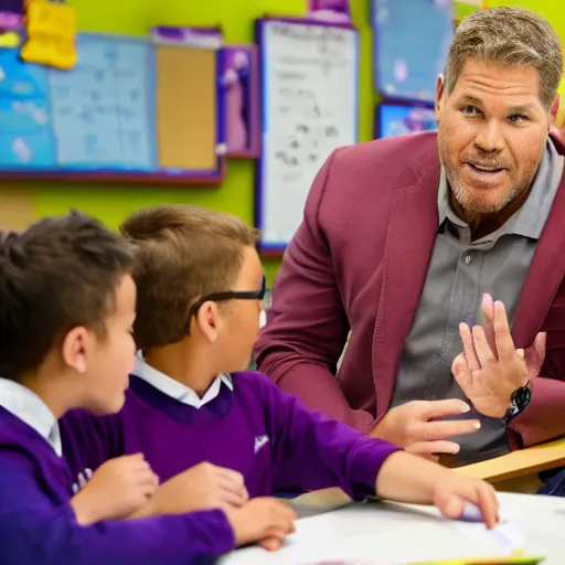 Image similar to Thanos explaining math to children in a school, 40nm, shallow depth of field, split lighting, 4k,