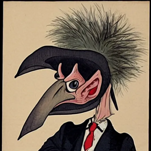 Prompt: caricature of a cartoon vulture with a sinister human - like face