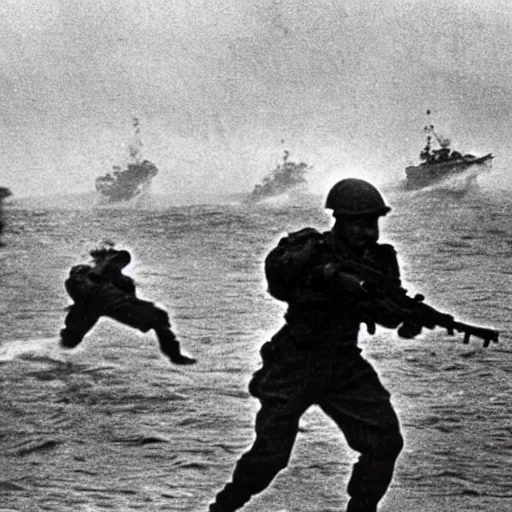 Image similar to the running soldiers in the sea in the d - day, by robert capa,