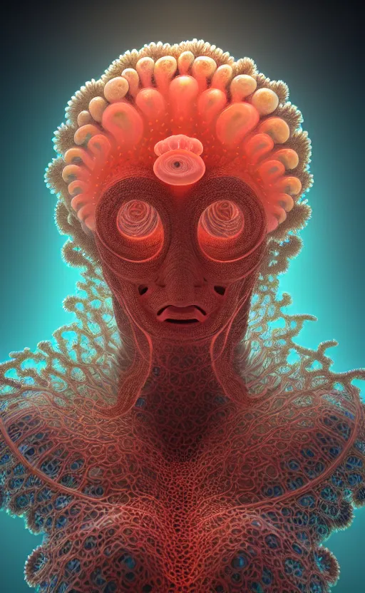 Image similar to portrait intricate mask, eagle coral, jelly fish, mandelbulb 3 d, fractal flame, octane render, cyborg, biomechanical, futuristic, by ernst haeckel