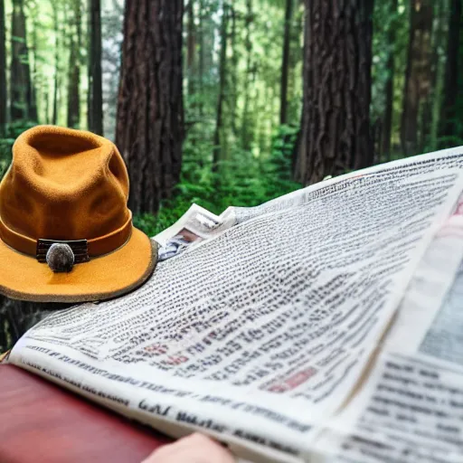 Image similar to UHD candid photo of Smokey The Bear in the woods, sitting over a well reading newspaper, by Annie leibowitz, photorealisitc, extremely detailed