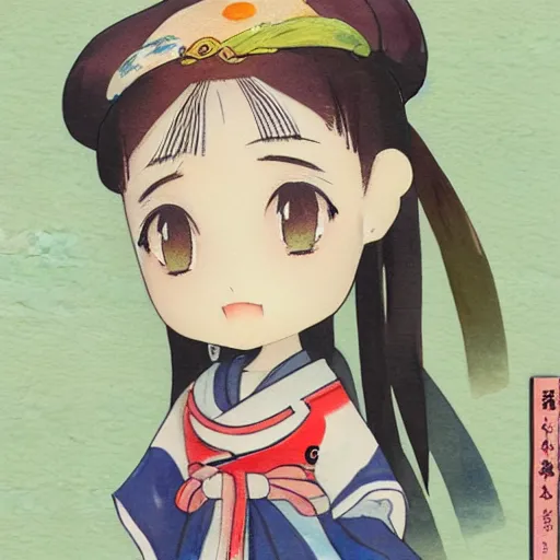 Prompt: beautiful water color concept art of face detailing cute nendoroid girl in the style of ukiyoe , toon rendering, close-up, no shade, modern art, kyoto animation