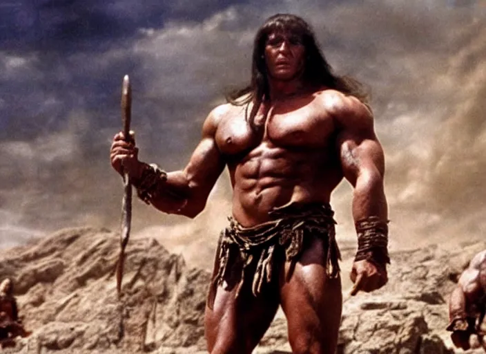Prompt: still of muscular gigachad in conan the barbarian directed by frank frazetta, high resolution