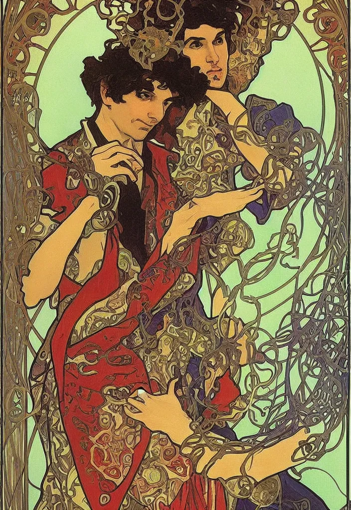 Image similar to Yoshua Bengio as the magician on a tarot card, tarot in art style by Alphonse Mucha