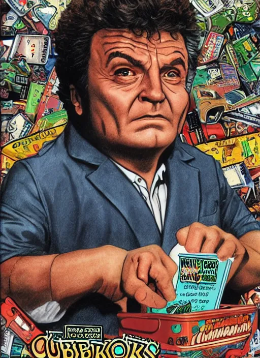 Prompt: illustration of columbo, garbage pail kids trading card artwork, highly detailed