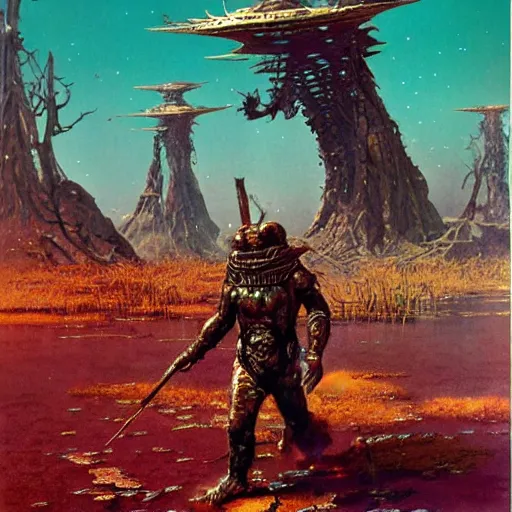 Image similar to sardaukar warrior walking the acid swamps of venus, vintage sci - fi art, by bruce pennington