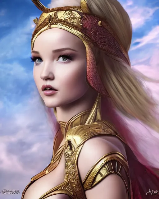 Image similar to an epic dramatic portrait of dove cameron as dejah thoris the princess of mars, very low angle, detailed face, epic art, trending on artstation, deviantart, high detail, high definiton, ultra realistic, hyper realistic, photo realistic, 4 k uhd