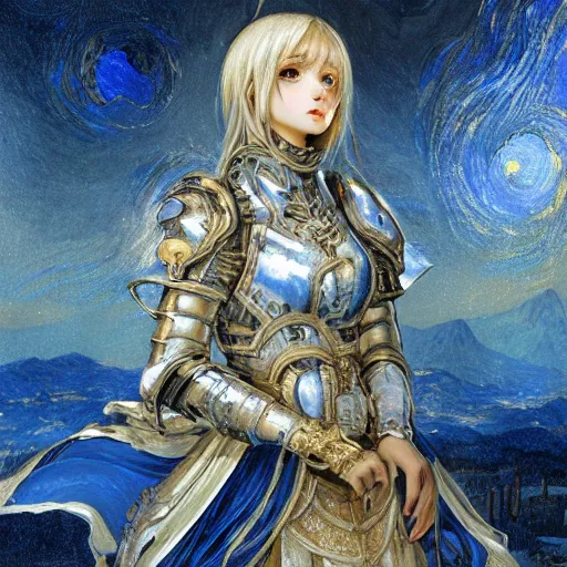 Image similar to portrait knights of Zodiac girl, white and metalic blue color reflected armor, in ruined Agora of Athens starry night, ssci-fi, fantasy, intricate, very very beautiful, elegant, golden light, highly detailed, digital painting, artstation, concept art, smooth, sharp focus, illustration, art by tian zi and WLOP and alphonse mucha