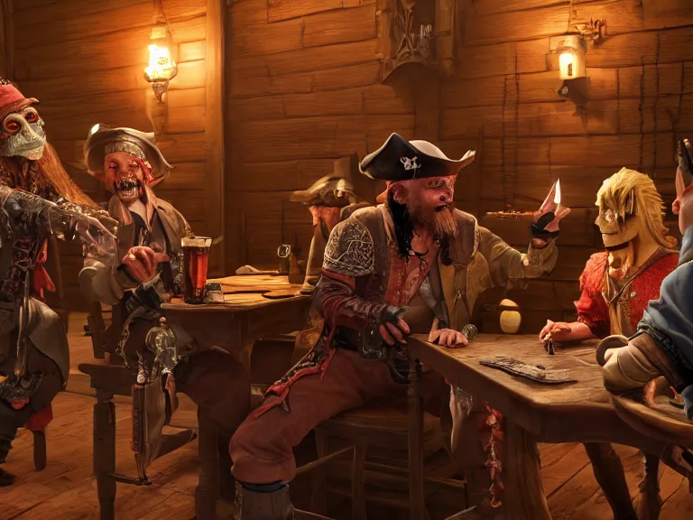 Image similar to A pirate and a goblin negotiate a contract with a vampire in a western saloon, 8k ultra realistic, detailed, intricate, full of colour, cinematic lighting, trending on artstation, 4k, hyperrealistic, focused, extreme details, unreal engine 5, cinematic, masterpiece