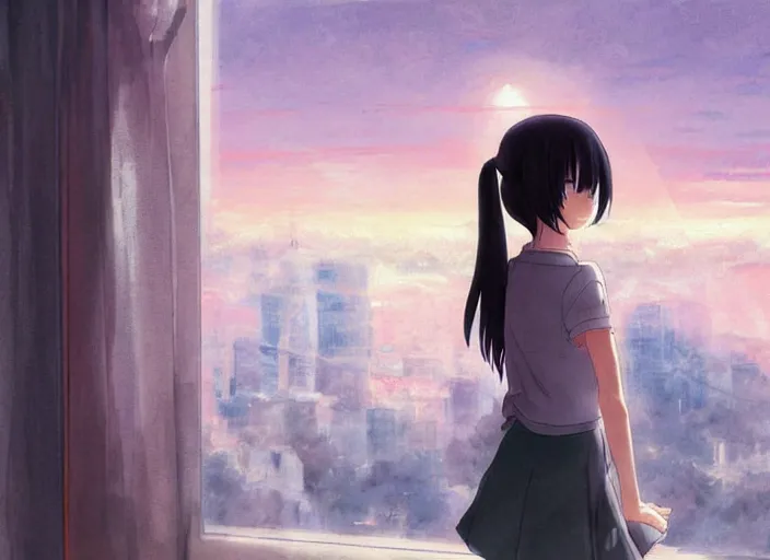 Image similar to anime girl in skirt looking out the window at megopolois and sunset, dynamic composition, motion, ultra-detailed, incredibly detailed, a lot of details, amazing fine details and brush strokes, colorful and grayish palette, smooth, HD semirealistic anime CG concept art digital painting, watercolor oil painting of Clean and detailed post-cyberpunk sci-fi close-up schoolgirl in asian city in style of cytus and deemo, blue flame, relaxing, calm and mysterious vibes,, by a Chinese artist at ArtStation, by Huang Guangjian, Fenghua Zhong, Ruan Jia, Xin Jin and Wei Chang. Realistic artwork of a Chinese videogame, gradients, gentle an harmonic grayish colors. set in half-life 2, Matrix, GITS, Blade Runner, Neotokyo Source, Syndicate(2012), dynamic composition, beautiful with eerie vibes, very inspirational, very stylish, with gradients, surrealistic, dystopia, postapocalyptic vibes, depth of field, mist, rich cinematic atmosphere, perfect digital art, mystical journey in strange world