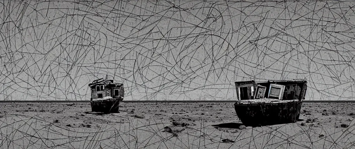 Image similar to a lone abandoned ship in the aral sea desert, in the style of daniel johnston and outsider art, 8 k, line brush, overlaid with chinese adverts