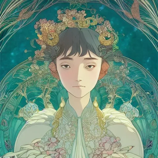 Image similar to a beautiful exquisite delicate hyperdetailed character design 4 k wallpaper illustration of a phoenix princess, victo ngai style, finely detailed perfect face delicate features directed gaze, style of studio ghibli, makoto shinkai, raphael lacoste, louis comfort tiffany, denoise, deblurring, artgerm, james jean, ross tran, alphonse maria mucha, chinese style