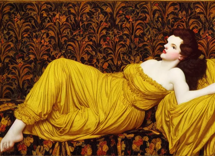 Prompt: portrait of judy garland reclining on bed, wearing yellow ochre ornate medieval dress, preraphaelite colour photography by frederic leighton, william morris, 8 k