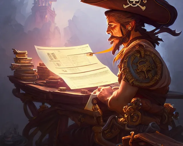 Image similar to a pirate doing his tax return, deep focus, d & d, fantasy, intricate, elegant, highly detailed, digital painting, artstation, concept art, matte, sharp focus, illustration, hearthstone, art by artgerm and greg rutkowski and alphonse mucha