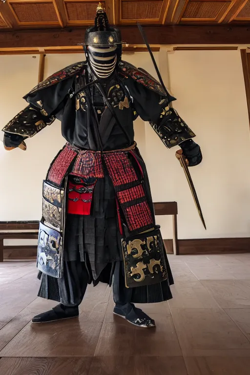 Image similar to samurai warrior in a a monastery dedicated to worshiping artificial intelligence