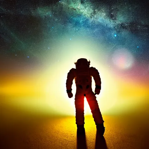 Image similar to astronaut silhouette with arms extended forward, bottom of arms lit by light coming from off camera, light coming from below, starry sky background, lit from below, full body photo,, 8 k